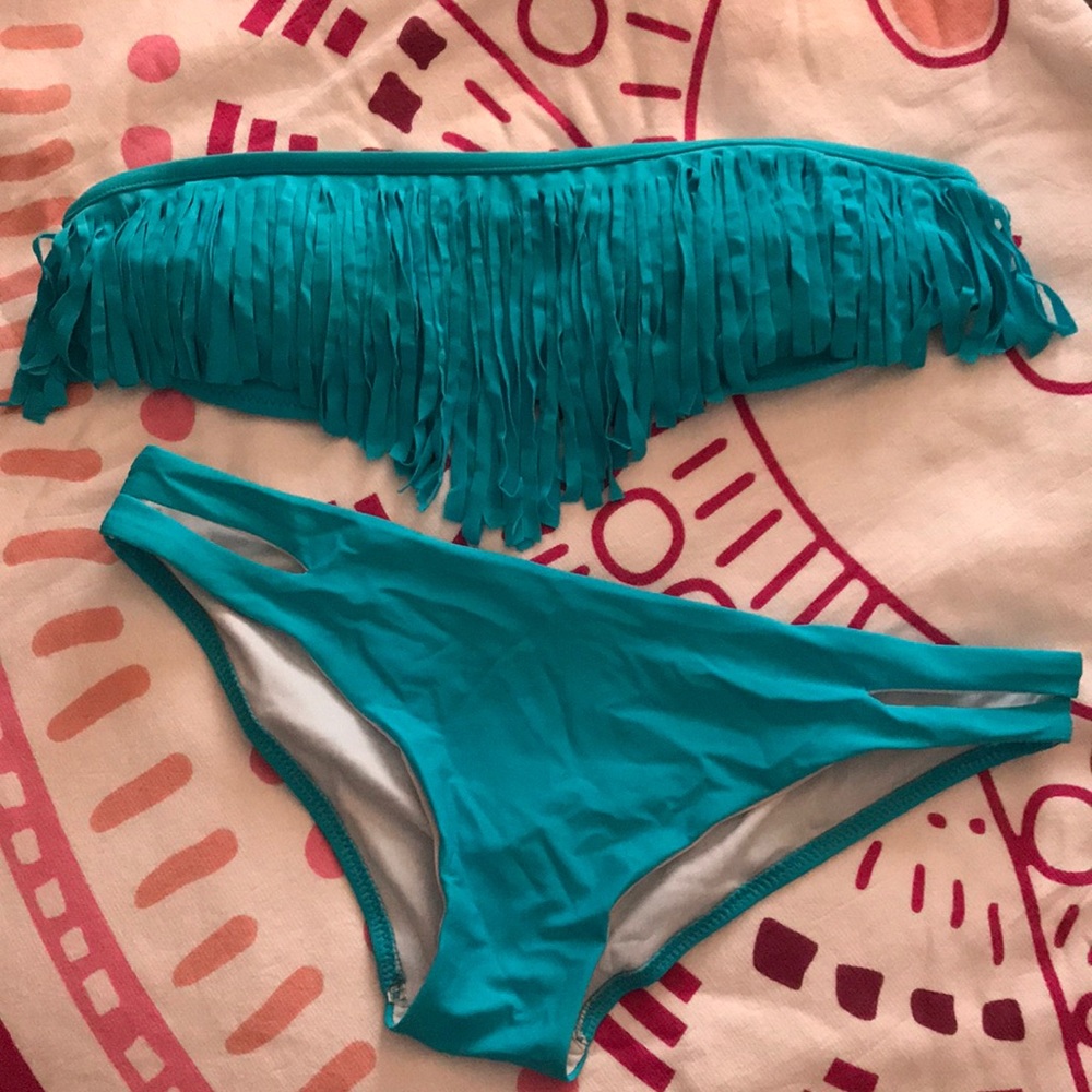 Never worn teal fringe bandeau bikini